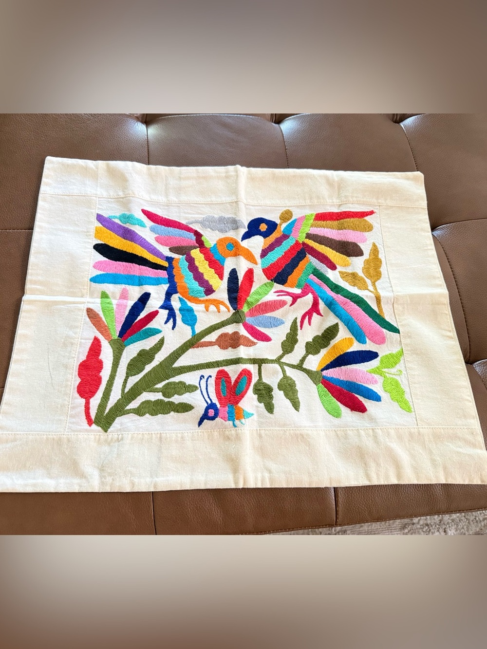 Brand New Hand-Embroidered Colorful Bird Textile Accent Decor Pillow Case